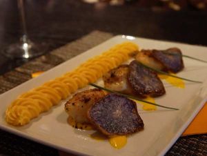 Saint-Jacques snackées sauce safranée, purée de potiron, chips de vitelotte